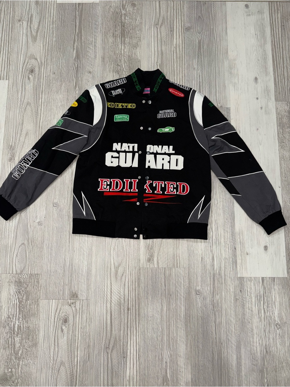 Edikted Black and Gray Racing Patch Bomber Jacket